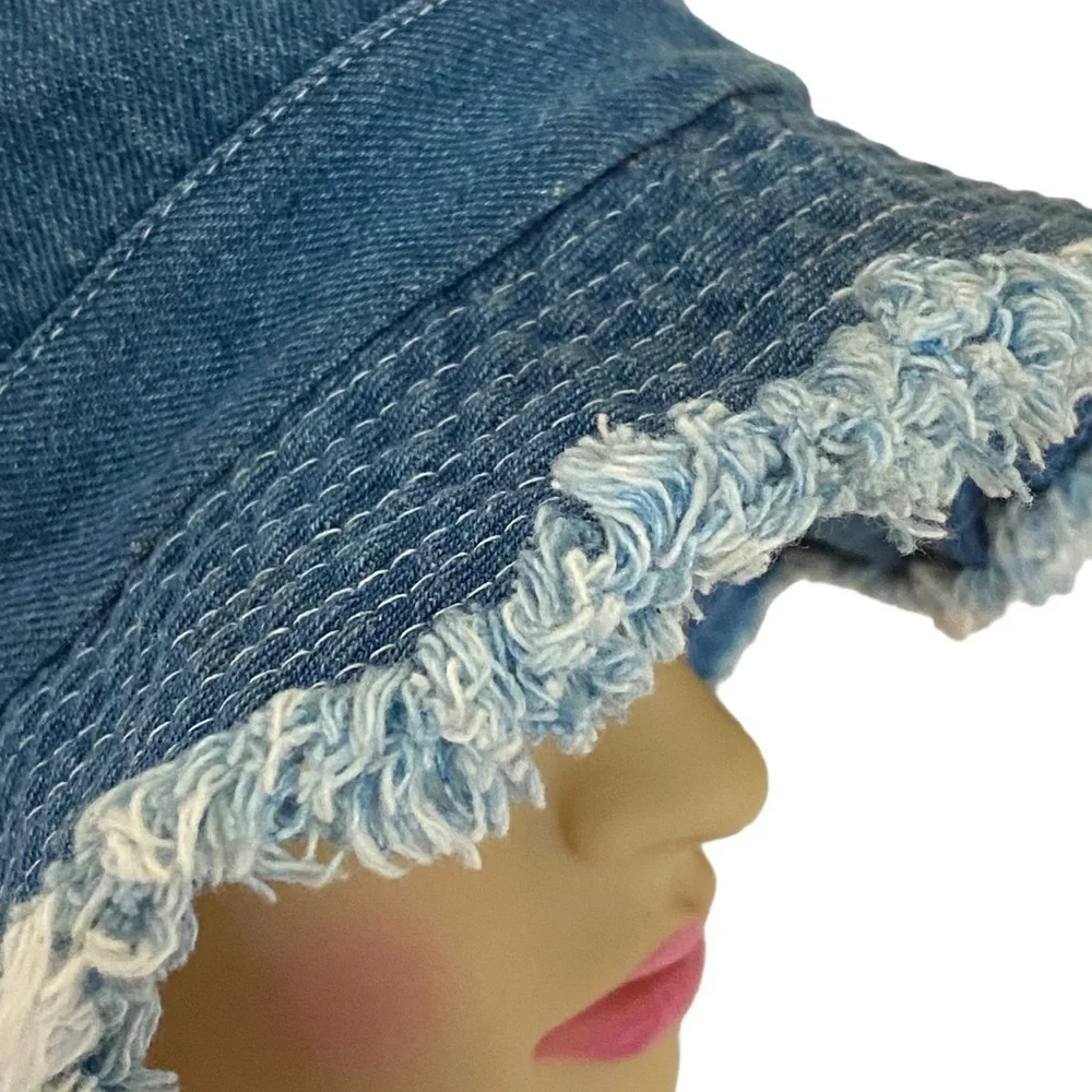 Vintage Blue Denim Fringed Bucket Hat OSFM Cottagecore Minimalist Boho Chic